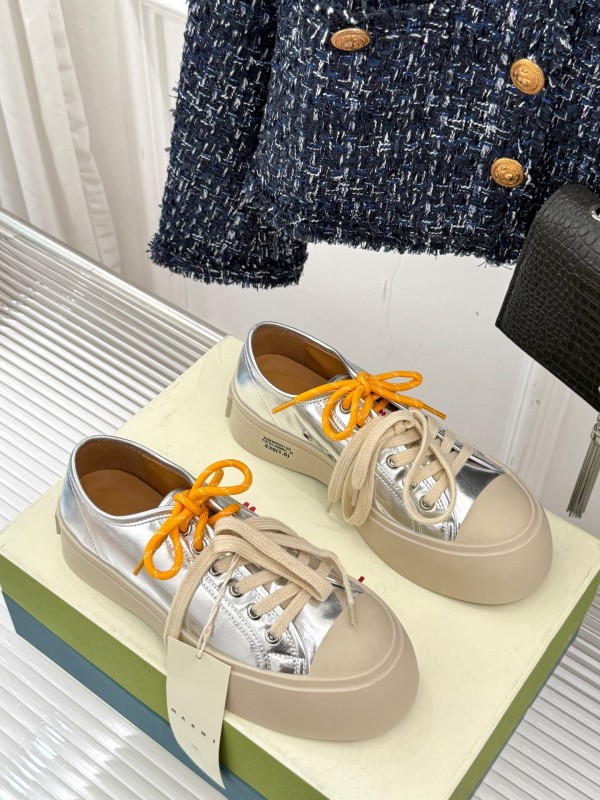 2025 Women Marni Silver Leather Thick Sole Retro Style Platform Sneakers LY00360(F)