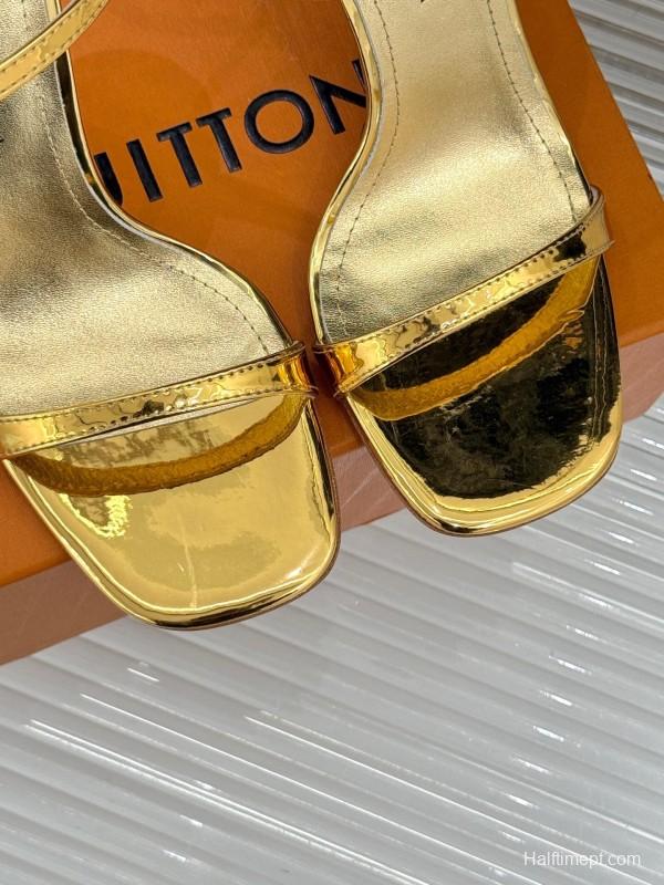 2025 Women Louis Vuitton Gold Leather Sandals