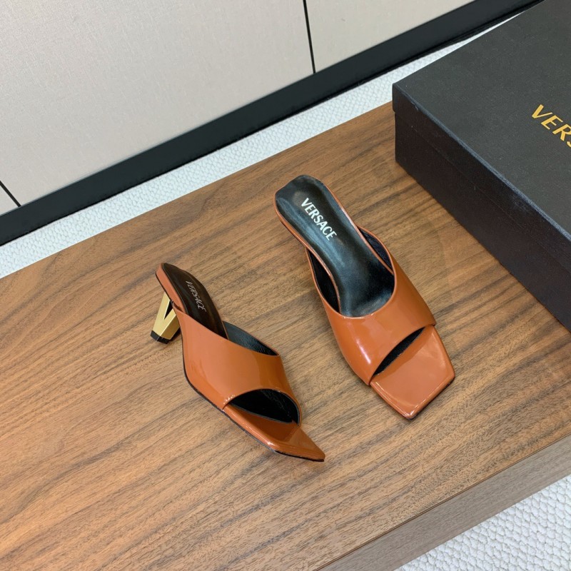 2025 Women VERSACE Brown Patent Leather Slippers