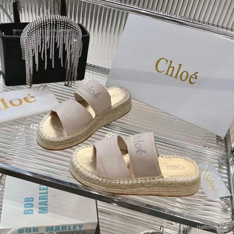 2025 Women Chloé Beige Fabric Espadrille Slip-On Sandals LY00320