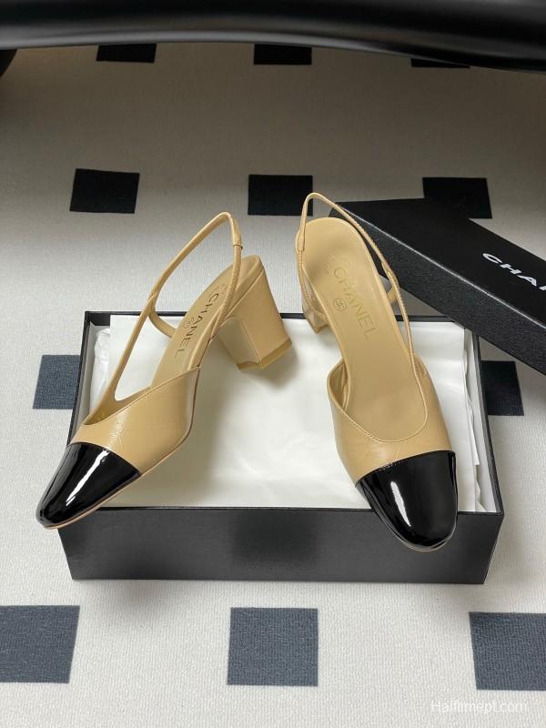 2025 Women Chanel Beige Black Leather Sling-back Classic Heel