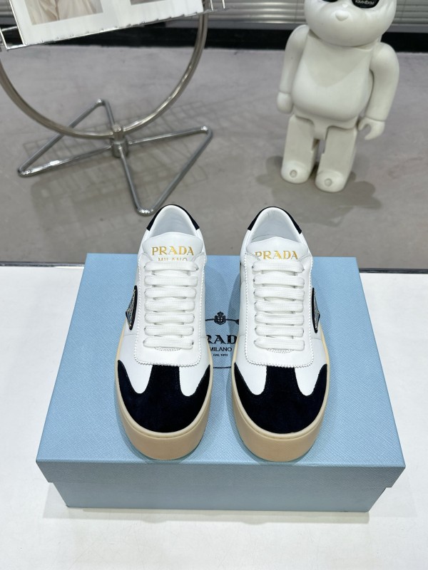 2025 Women Prada White Black Leather Suede Sneakers