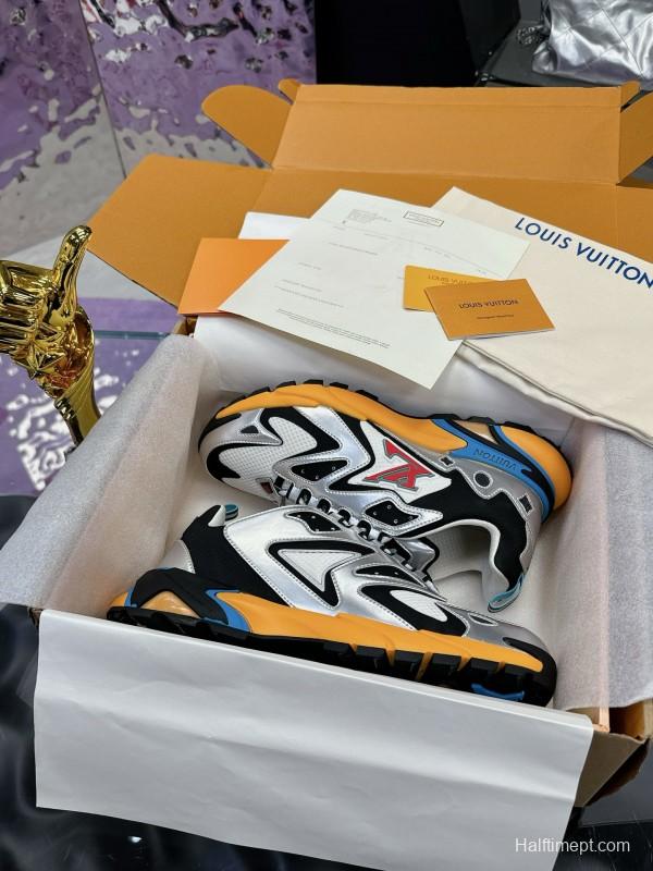 2025 Men Louis Vuitton White Black Blue Leather Mesh Sneakers MJ00420