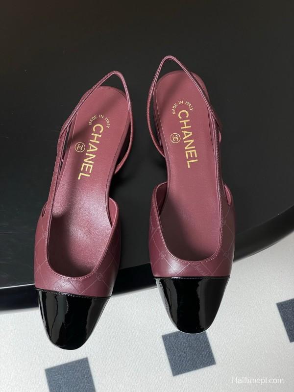 2025 Women Chanel Purple Black Leather Sling-back Pumps KFY00300