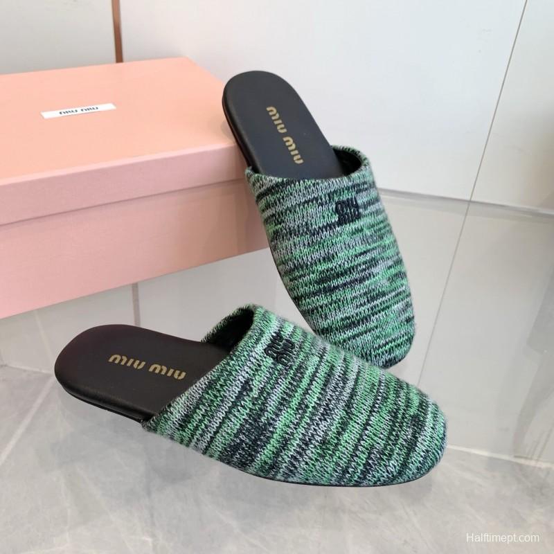 2025 Miu Miu Green Black Fabric Slippers