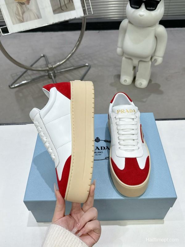 2025 Women Prada White Red Suede Leather Sneakers
