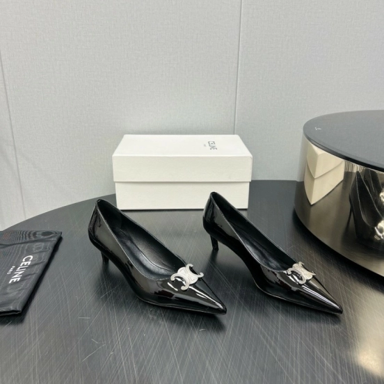 2025 Women Celine Black Patent Leather Pointed Toe Buckle Pumps KFY00290