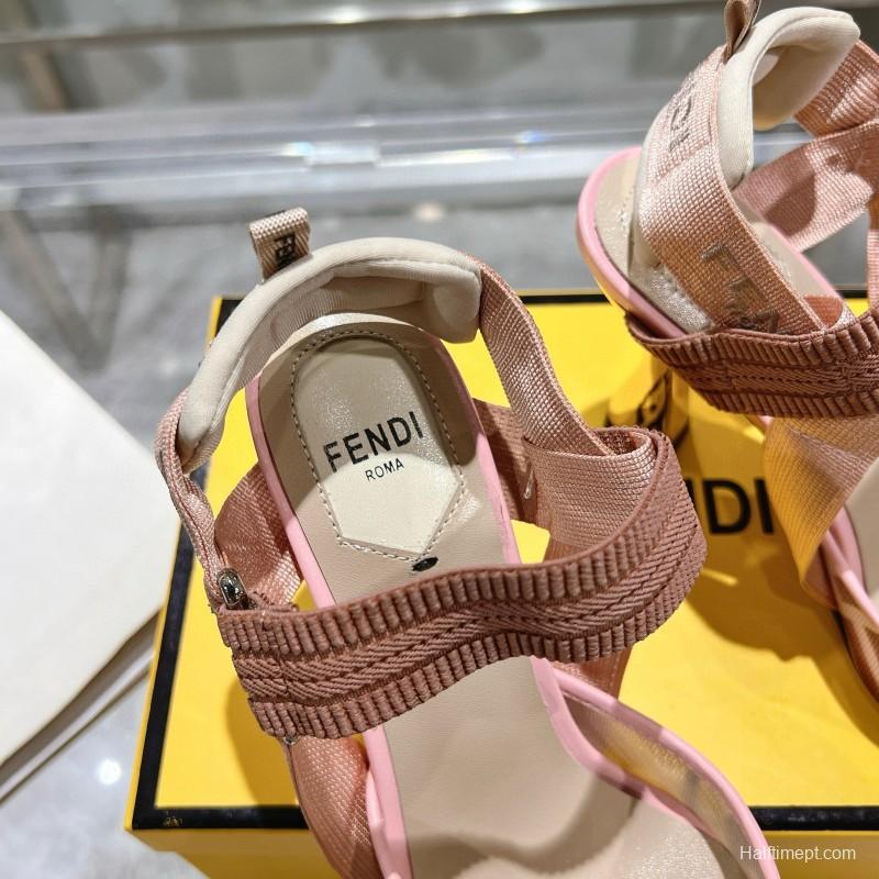 2025 Women Fendi Pink Beige Fabric Leather High Heels