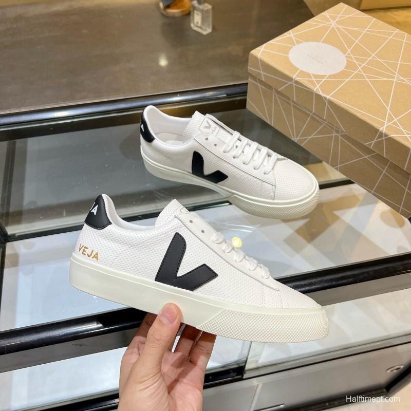 2025 Unisex VEJA White Black Leather Canvas Sneakers V Logo MJ00240(W/M)