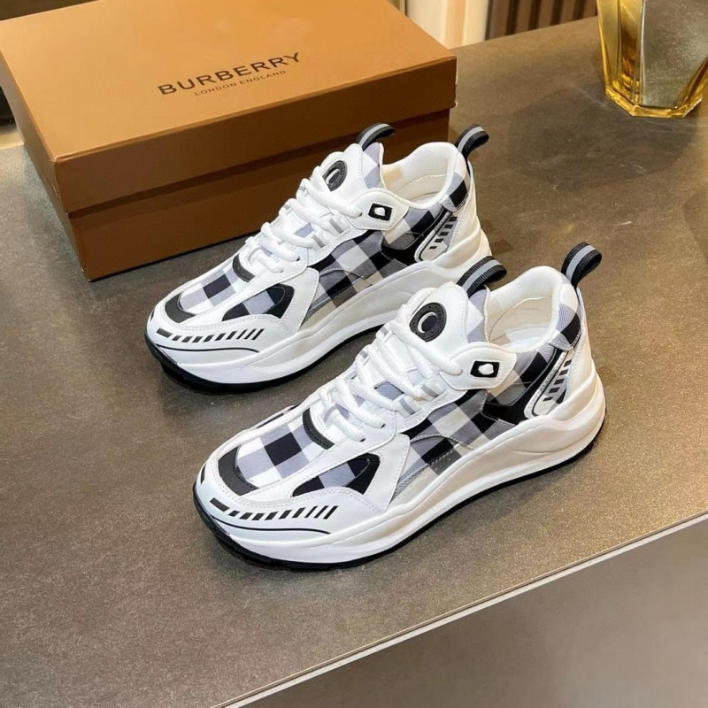 2025 Unisex Burberry White Black Cotton Leather Suede Chunky Sneakers Vintage Check MJ00380(F/W)
