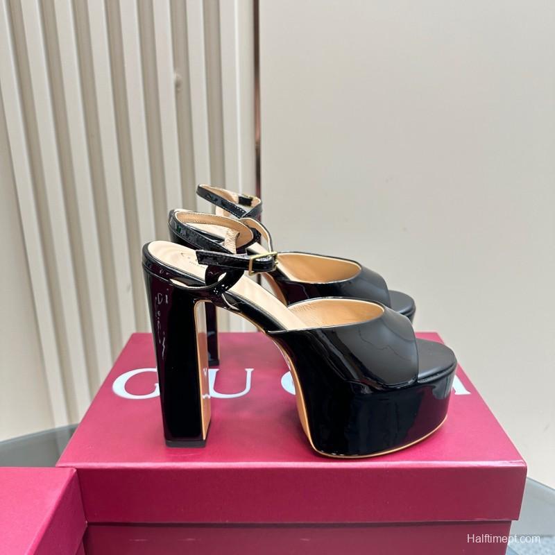 2025 Women Gucci Black Patent Leather Platform Sandals