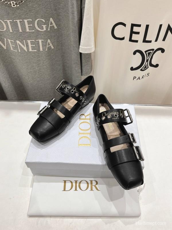 2025 Women Dior Black Leather Mary Jane Buckle KFY00300