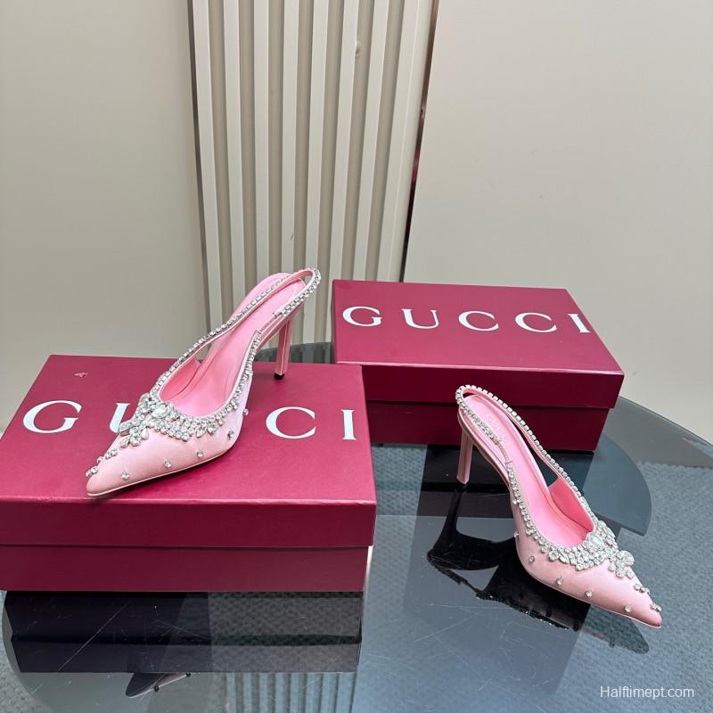 2025 Women Gucci Pink Silk High Heel Slingback Crystal LY00340