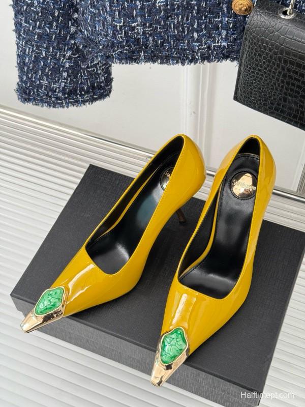 2024 Women Yves Saint Laurent Yellow Patent Leather High Heels