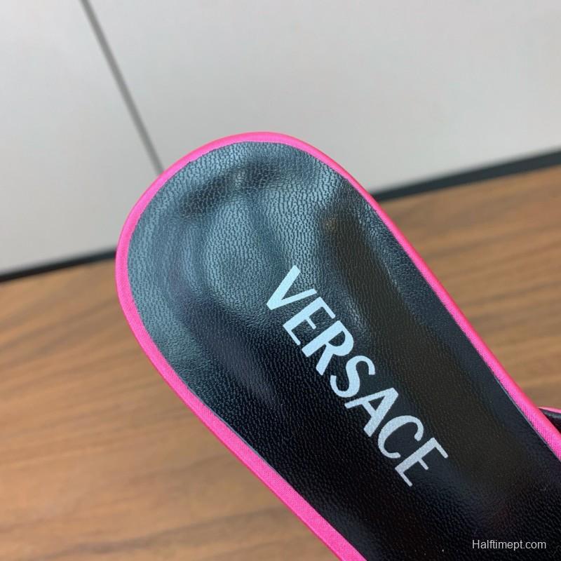 2025 Women VERSACE Pink Silk Leather Mules Crystal Embellishment KFY00300