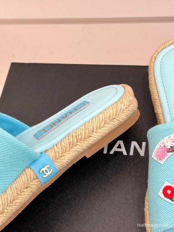 2025 Slippers Chanel Light Blue Fabric Women Embroidered Floral CC Logo KFY00230