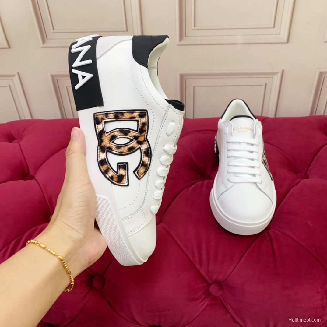2025 Women Dolce & Gabbana White Leopard Print Leather Sneakers LY00300