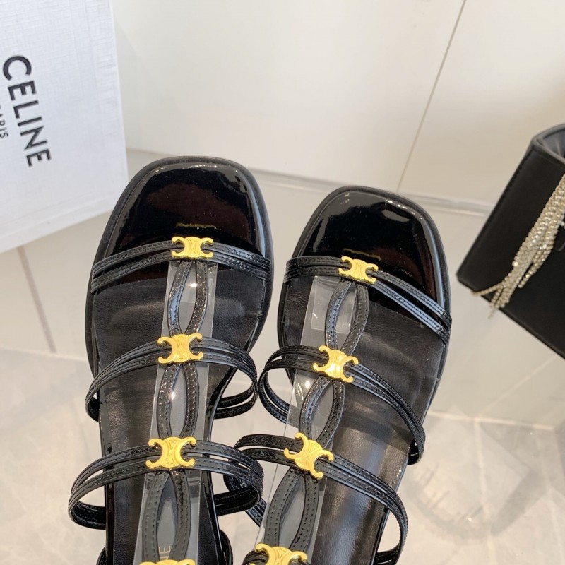 2025 Women Celine Black Patent Leather Sandals