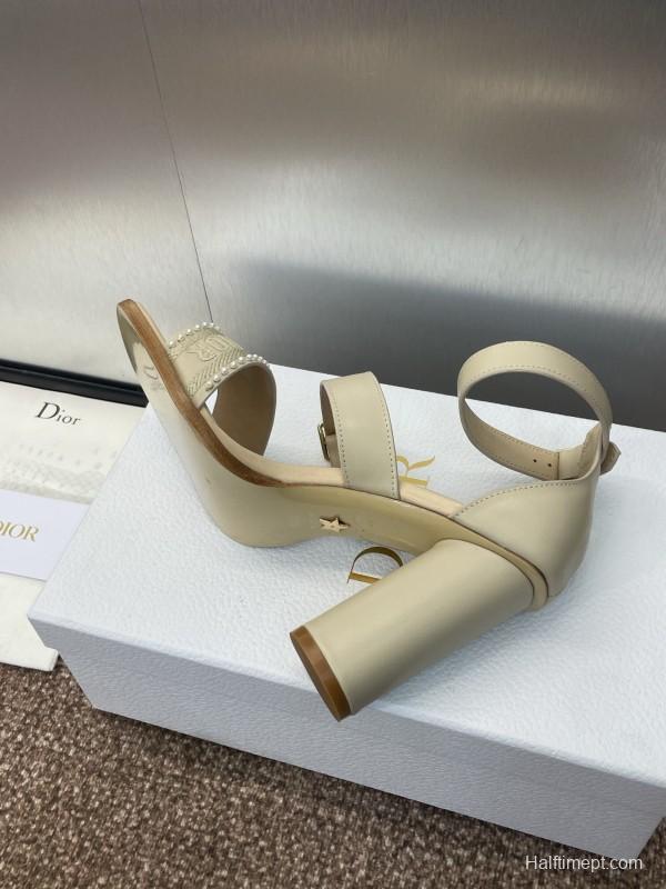 2025 Women Dior Beige Calf Leather Sheepskin Pearl Embroidered High Heel Sandals KFY00320