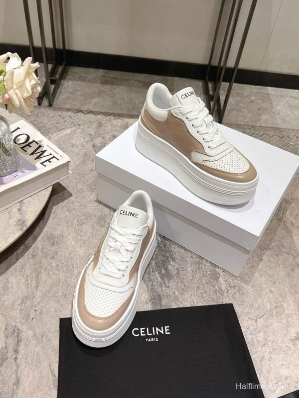 2025 Women Celine Beige White Leather Platform Sneakers