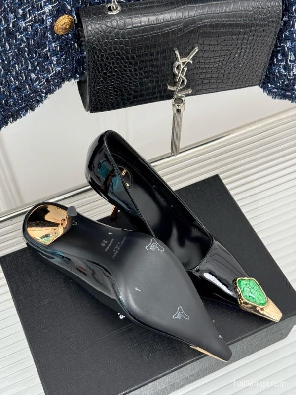 2024 Women Yves Saint Laurent Black Gold Patent Leather High Heels MJ00330