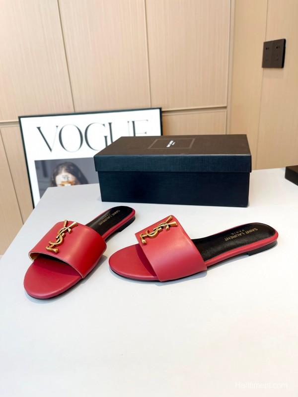 2025 Women Yves Saint Laurent Red Leather Slippers LY00180