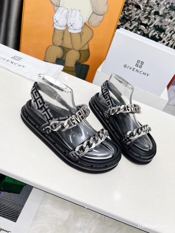 2025 Women Givenchy Black Leather Chain Sandals LY00260