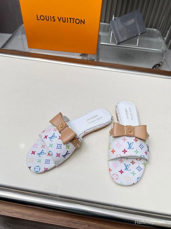 2025 Women Louis Vuitton White Multicolor Leather Slippers Monogram LY00200