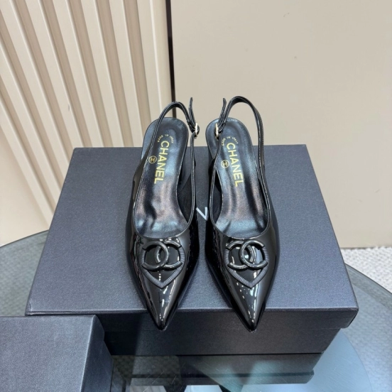 2025 Women Chanel Black Patent Leather Slingback Pumps