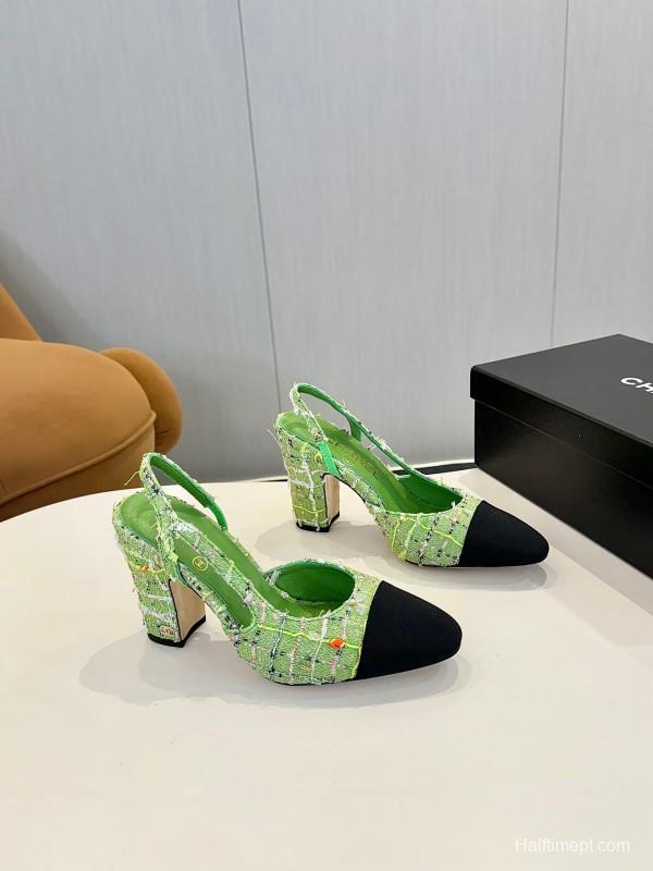 2025 Women Chanel Green Black Tweed Pump Slingback LY00270