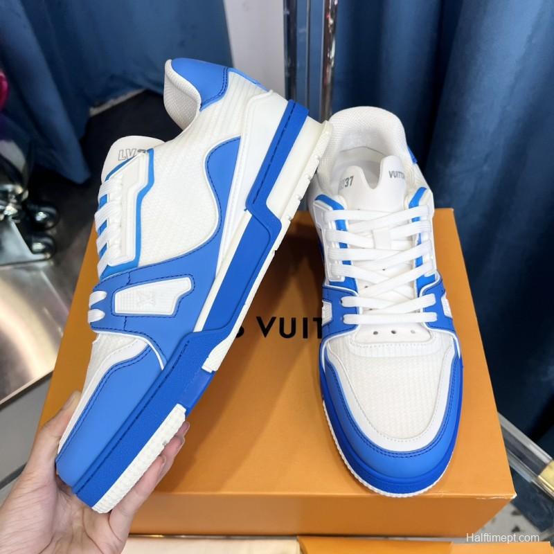 2025 Men Louis Vuitton White Blue Leather Trainer
