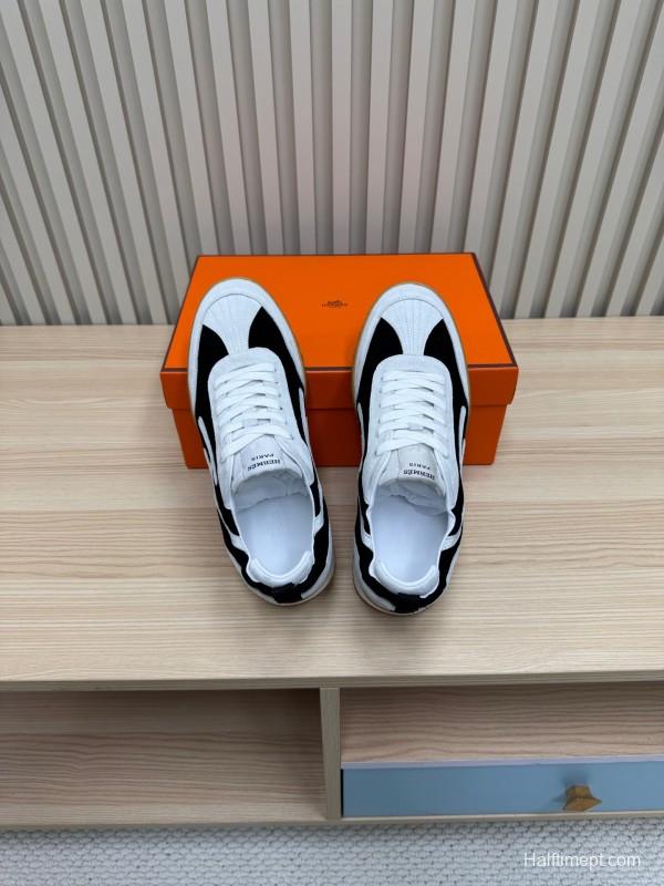2025 Unisex Hermès White Black Suede Down Fabric Sneakers Top Version KFY00300