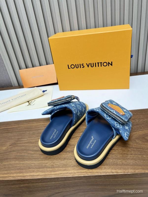 2025 LV Blue Denim Leather Slippers