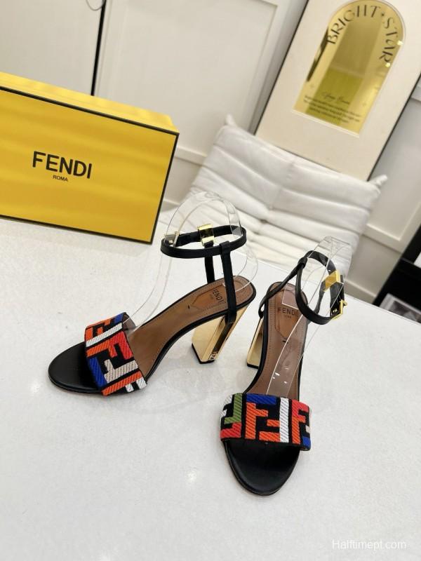 2025 Women Fendi Black Multicolor Leather Suede Sandals MJ00280