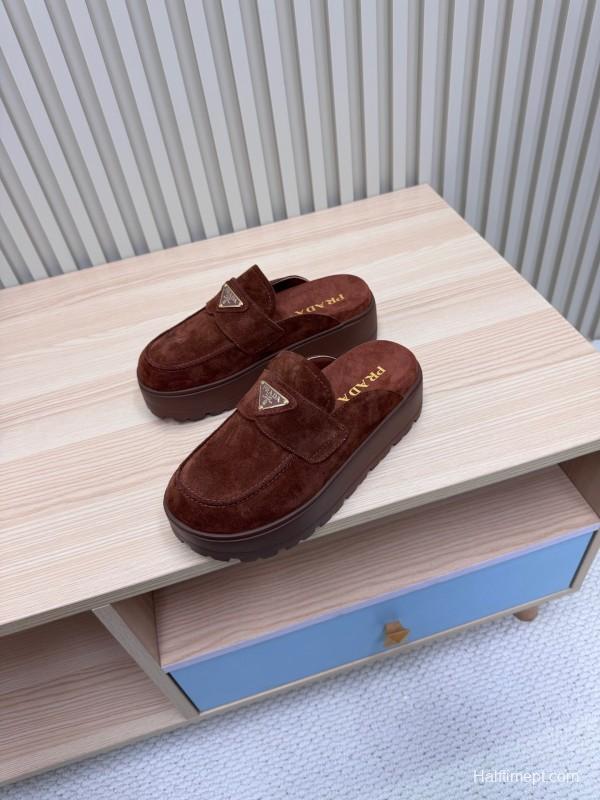 2025 Women Prada Brown Suede Platform Loafers