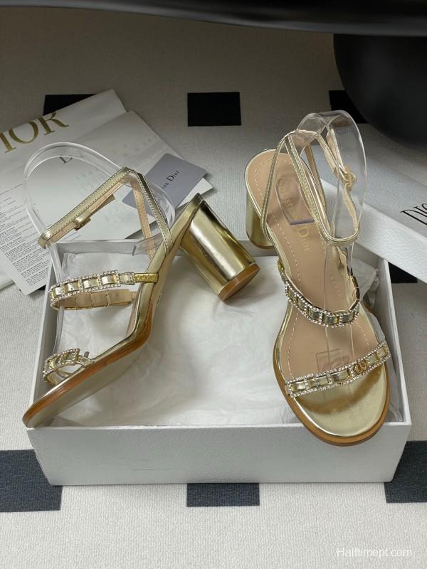 2025 Women Dior Gold Leather Crystal Block Heel Sandals