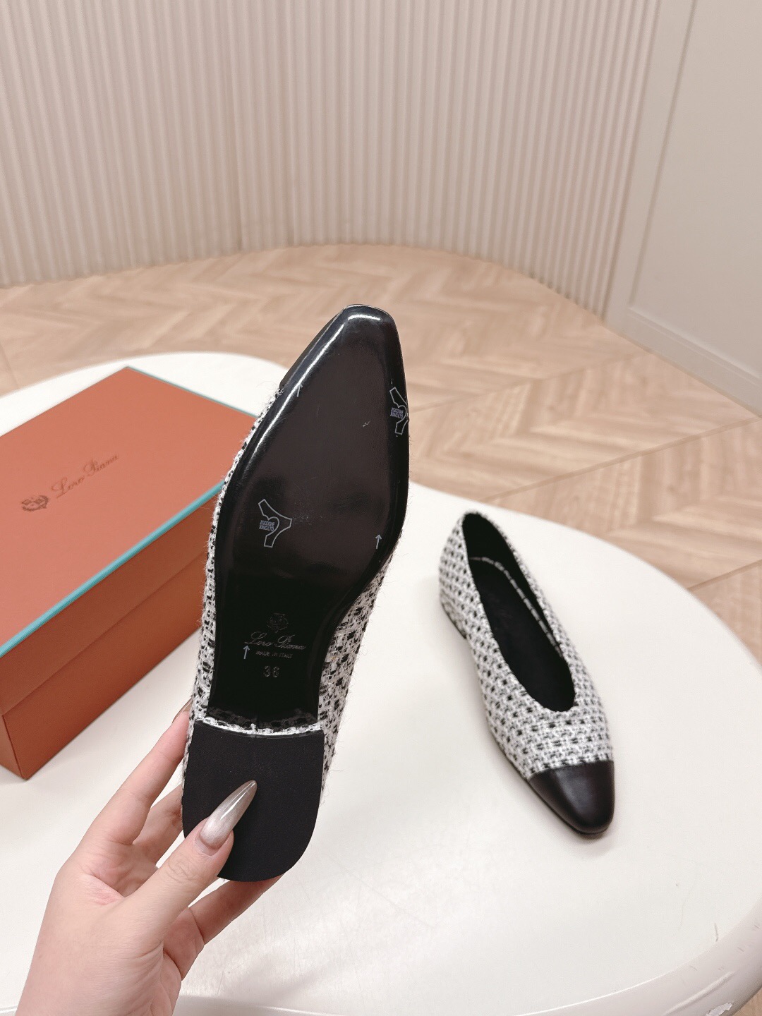 2025 Women Le Parmentier Black White Tweed Leather Pointed Toe Loafers