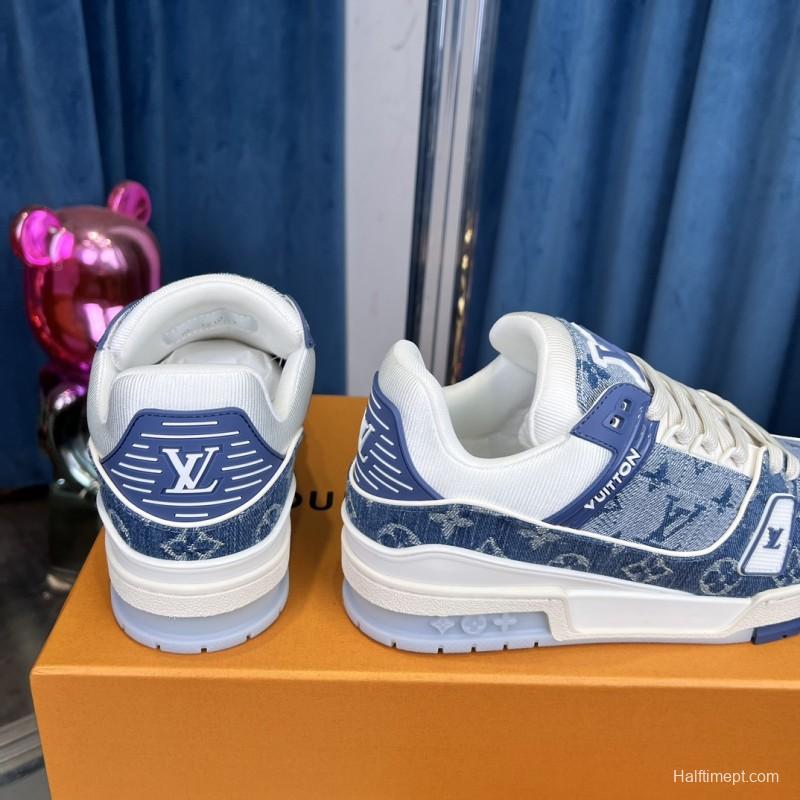 2025 Men Louis Vuitton Blue White Denim Leather LV Trainer