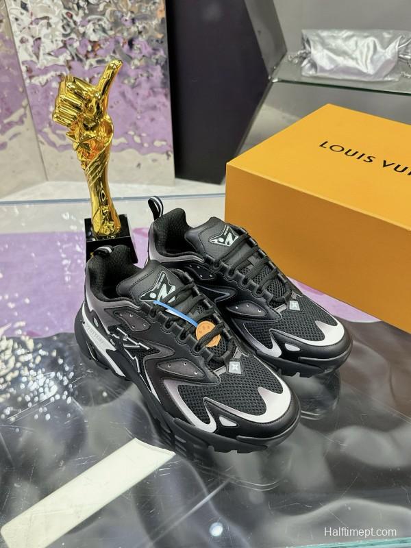 2025 Men Louis Vuitton Black Grey Mesh Leather Sneakers MJ00420