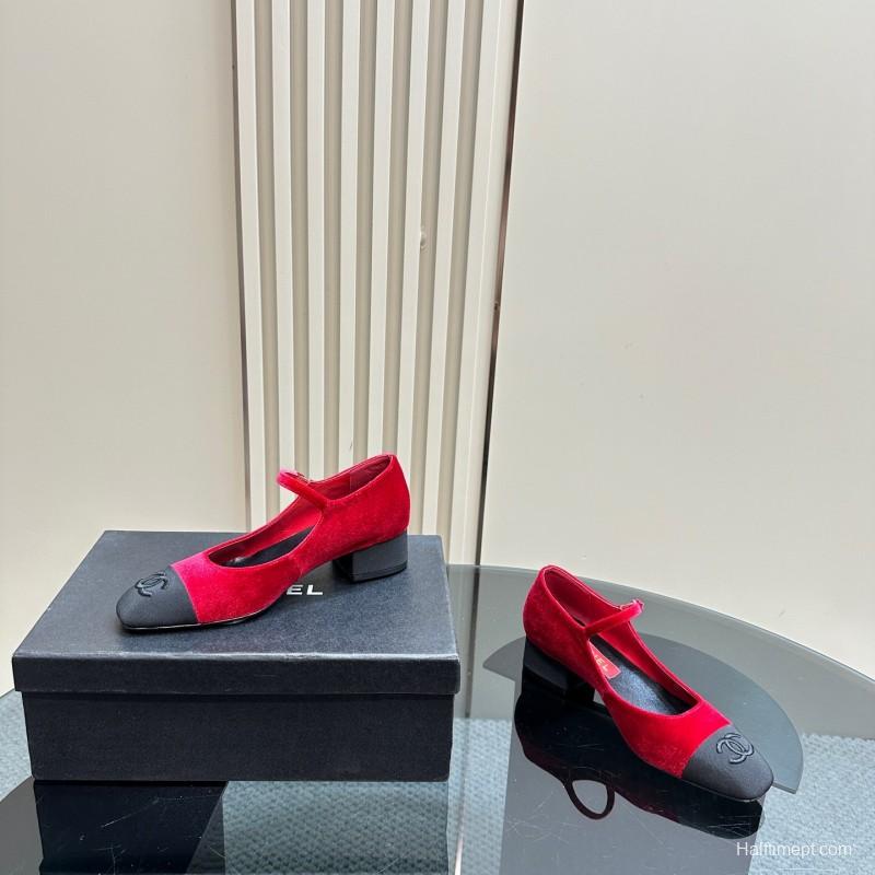 2025 Women Chanel Red Black Suede Leather Mary Jane Exclusive KFY00290