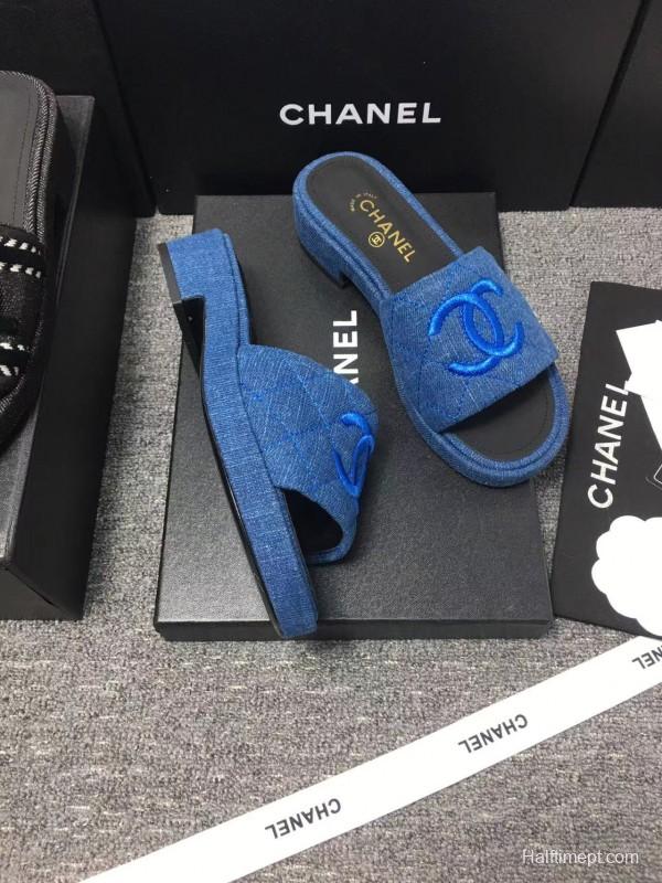 2025 Women Chanel Blue Fabric Slippers LY00000