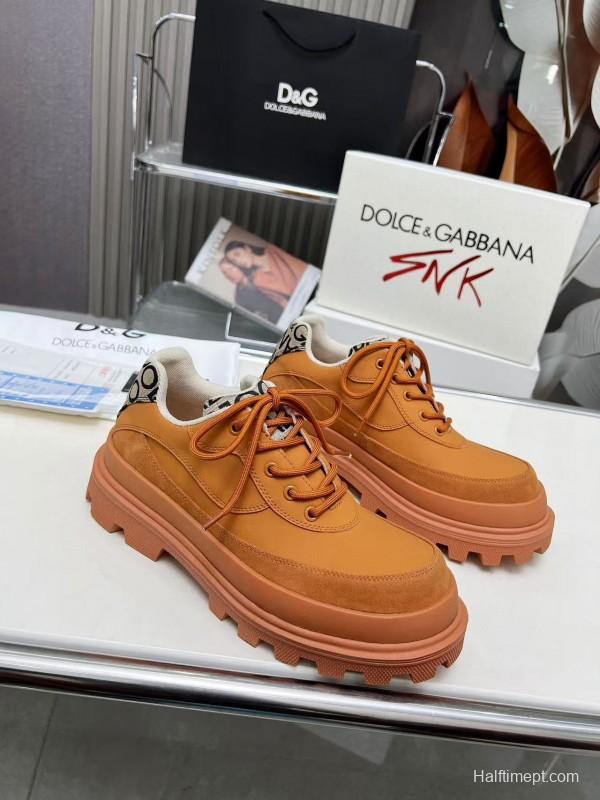2024 Unisex Dolce & Gabbana Orange Leather Chunky Sole Derby Sneaker