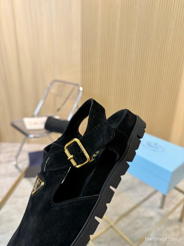 2025 Women Prada Black Suede Sandals