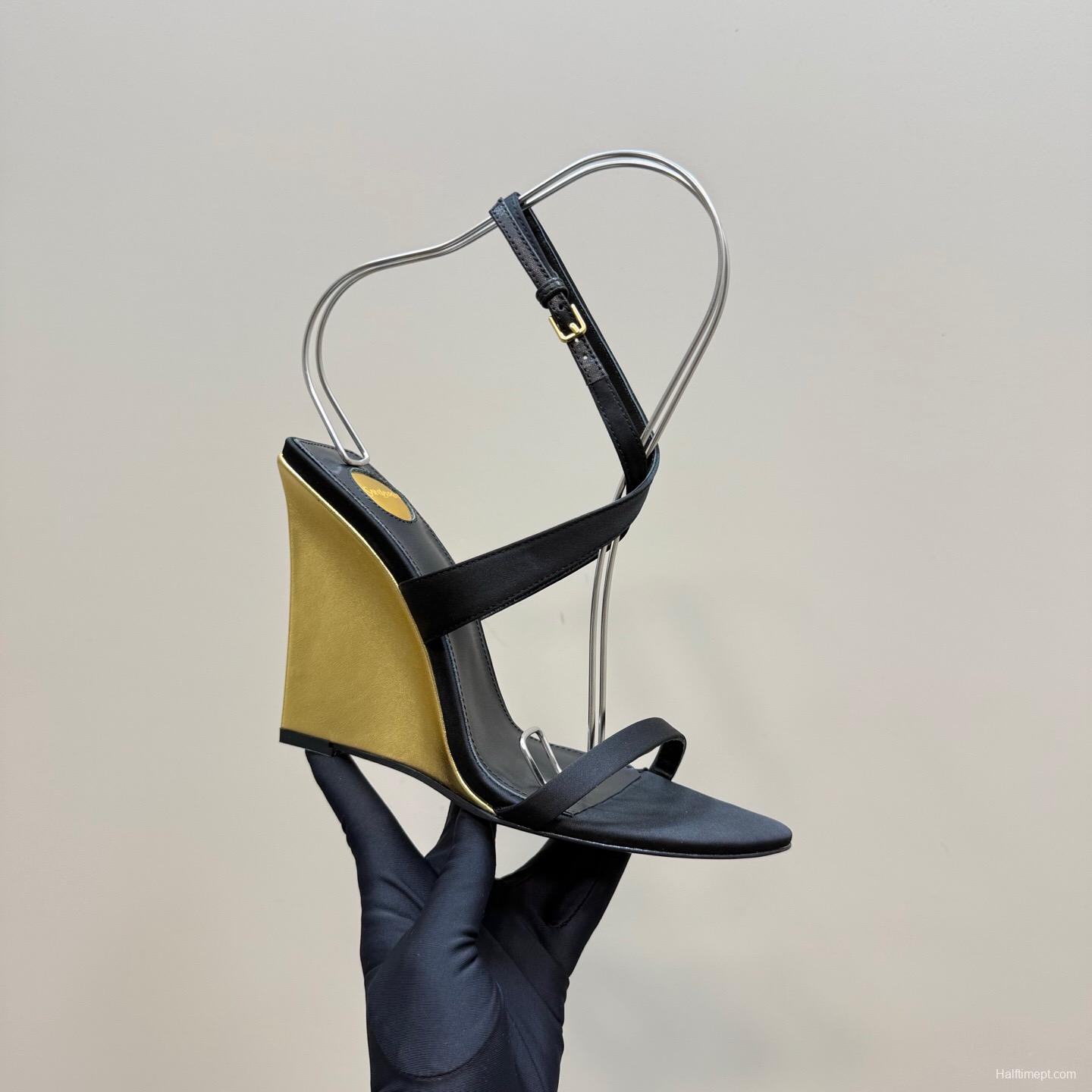 2025 Women Yves Saint Laurent Black And Gold Wedge Sandals Premium Leather Elegant Design LY00360(F)