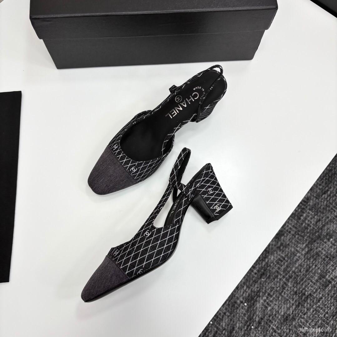 2025 Women Chanel Black White Fabric Slingback Heel LY00240