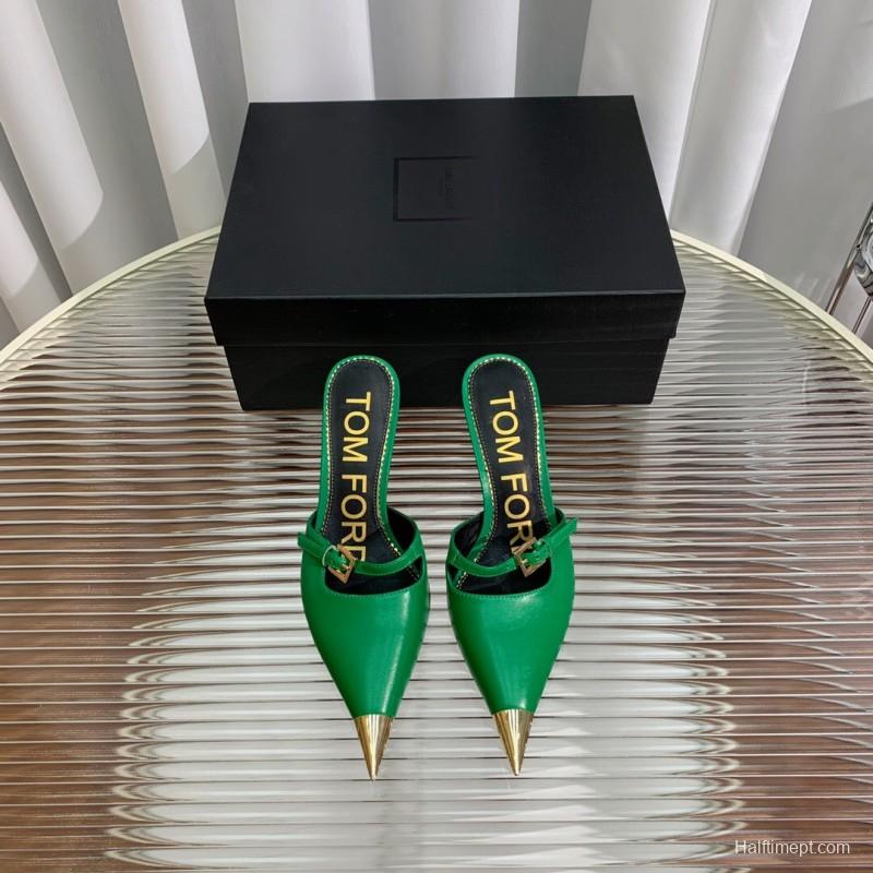 2025 Women TOM FORD Green Gold Leather Pointed Toe Mules KFY00300