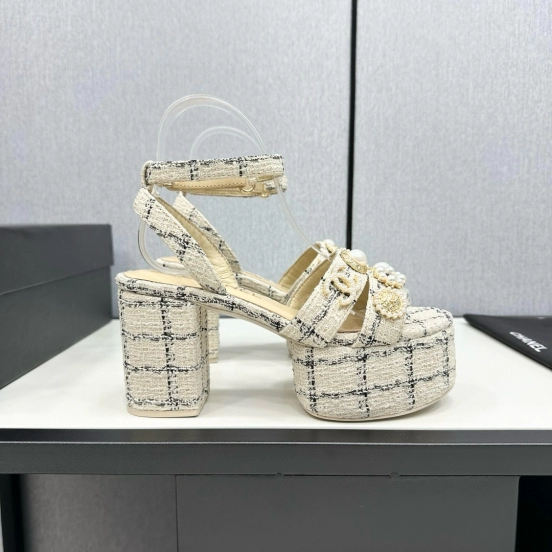 2025 Women Chanel Beige Black Tweed Leather Platform Sandals MJ00310