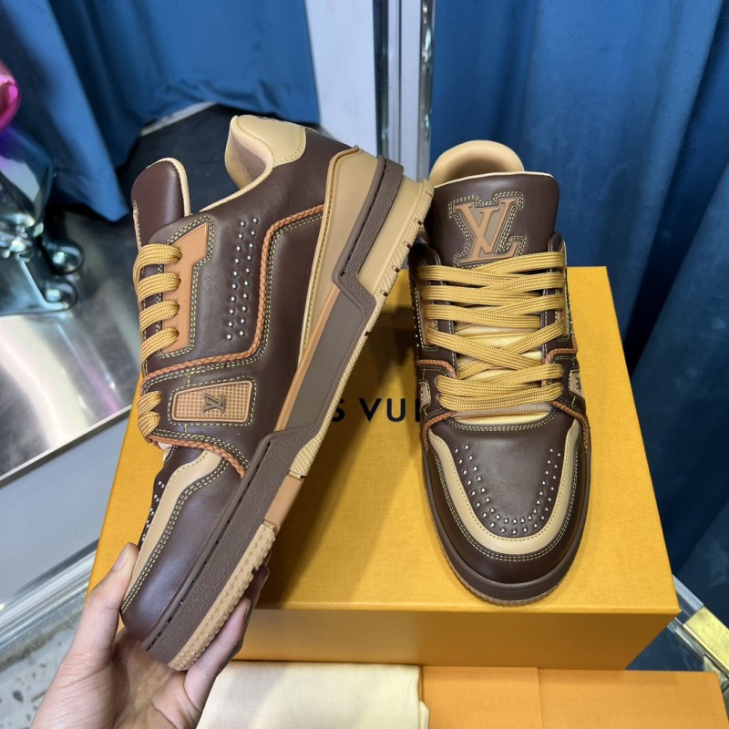 2025 Unisex Louis Vuitton Brown Beige Leather LV Trainer