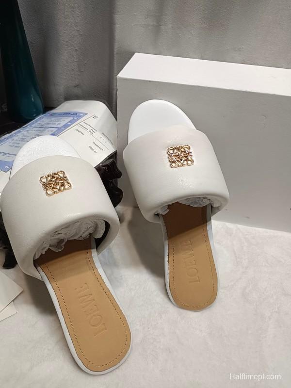 2025 Women Loewe White Leather Slippers LY00260