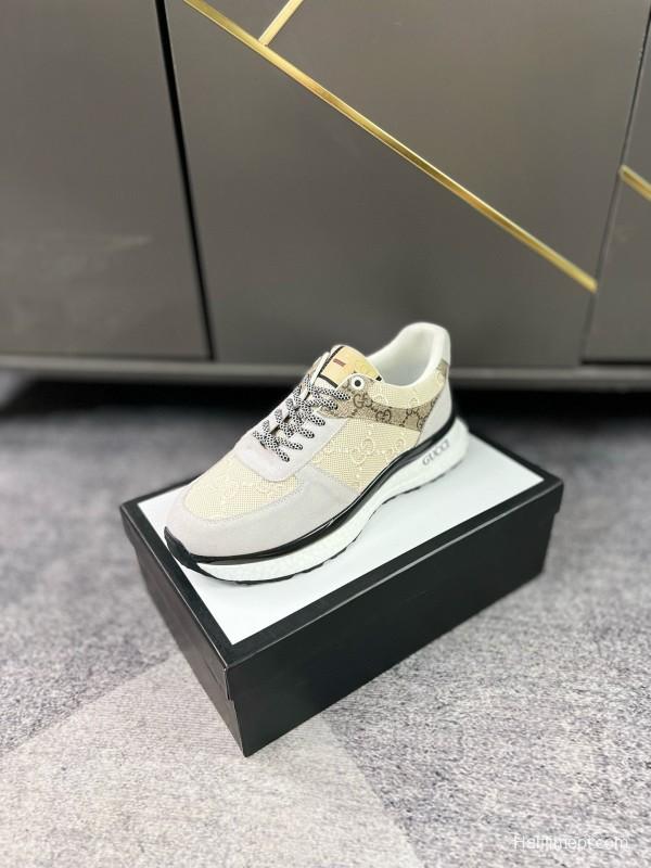 2024 Men Gucci Beige Brown Canvas Leather Sneakers MJ00260